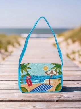 Turquoise Beaded Beach Scene Shoulder Bag
